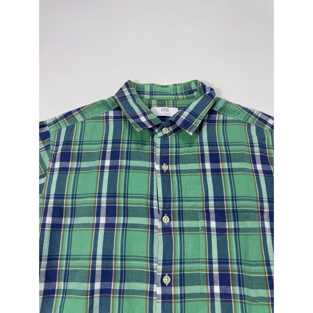 Uniqlo Men Medium Linen Cotton Plaid Resort Shirt Green Blue 331-133512 Button